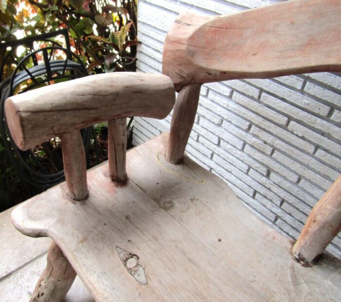 vintage outdoor rustic teak log bench with log back and arms 2504