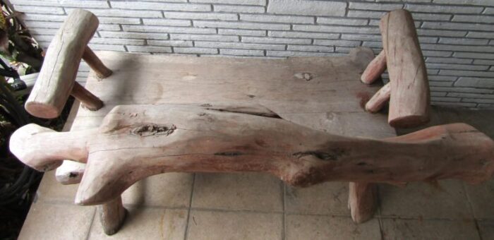 vintage outdoor rustic teak log bench with log back and arms 2680