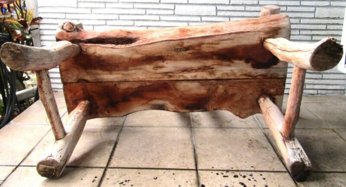 vintage outdoor rustic teak log bench with log back and arms 2797