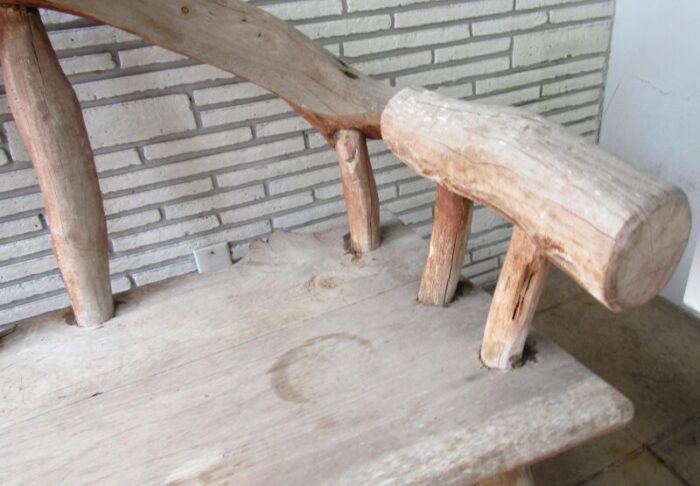 vintage outdoor rustic teak log bench with log back and arms 3012