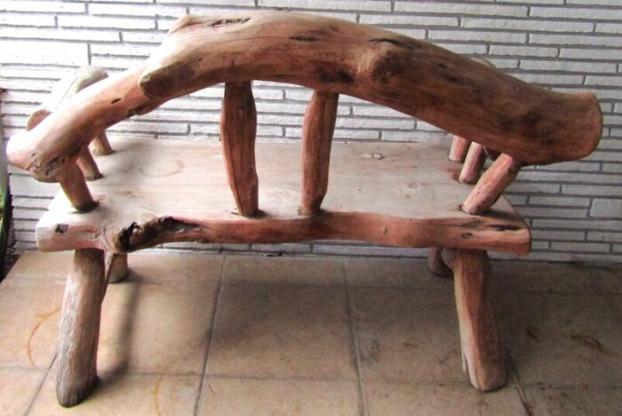 vintage outdoor rustic teak log bench with log back and arms 6202