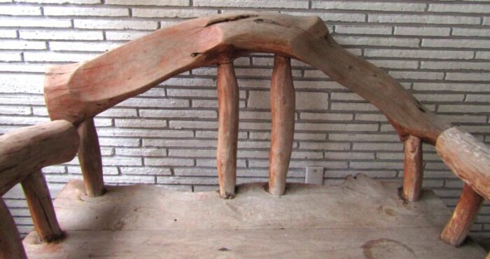 vintage outdoor rustic teak log bench with log back and arms 7000