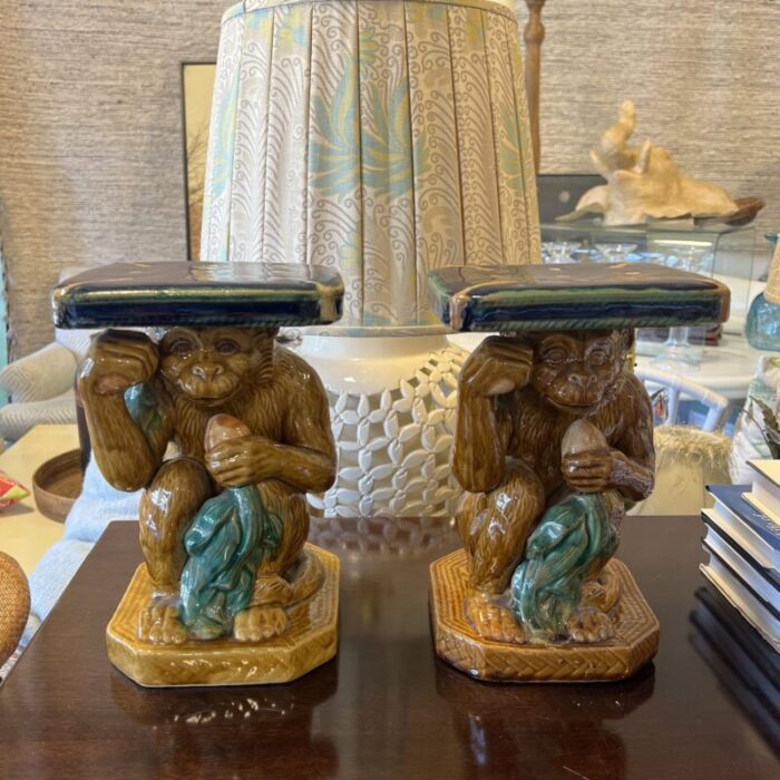 vintage pair of majolica monkey plant stand pedestals 2030