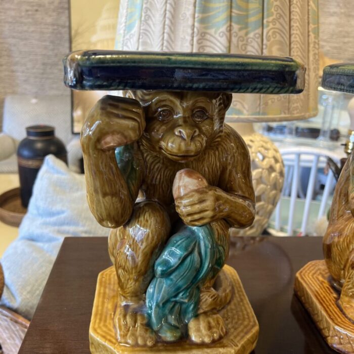 vintage pair of majolica monkey plant stand pedestals 6748