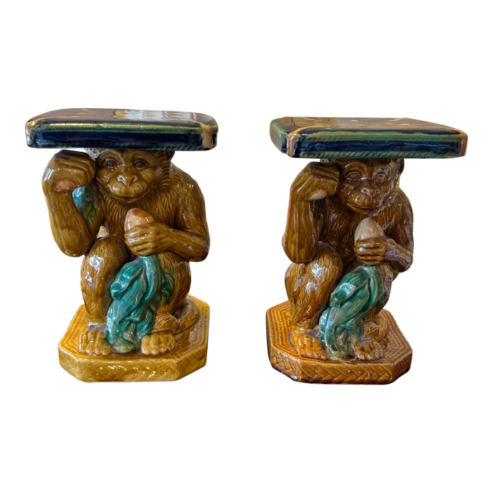 vintage pair of majolica monkey plant stand pedestals 8233