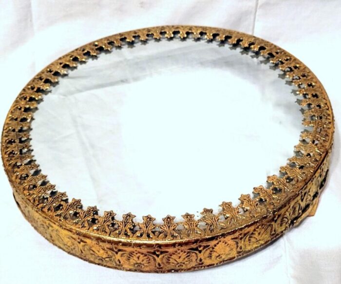 vintage round footed mirrored vanity tray 5413