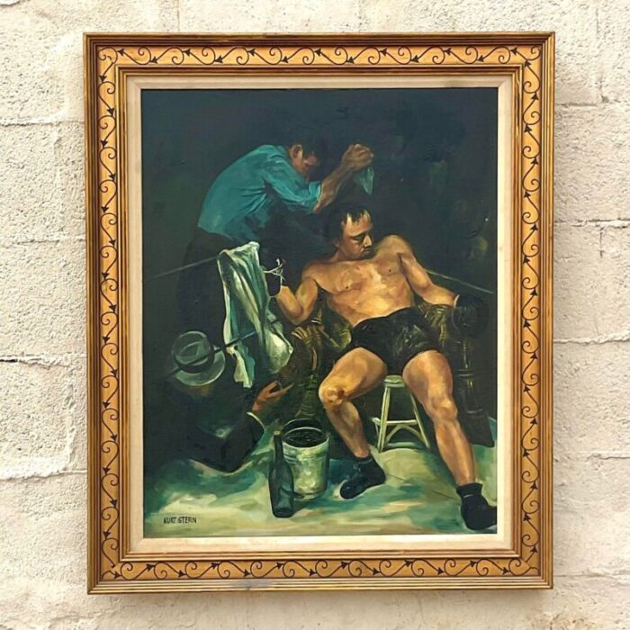 vintage sport figurative signed oil painting on canvas 0595