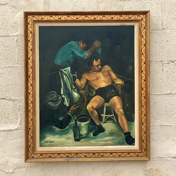 vintage sport figurative signed oil painting on canvas 9195