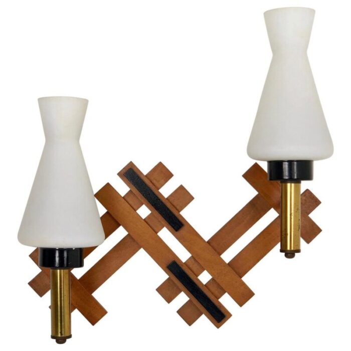 vintage teak brass opaline glass wall sconce italy 1960s 1