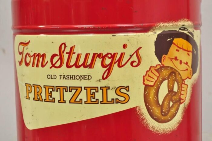 vintage tom sturgis pretzels large tin metal red advertising can 0168