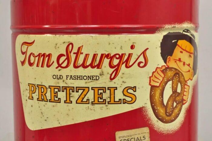 vintage tom sturgis pretzels large tin metal red advertising can 0230