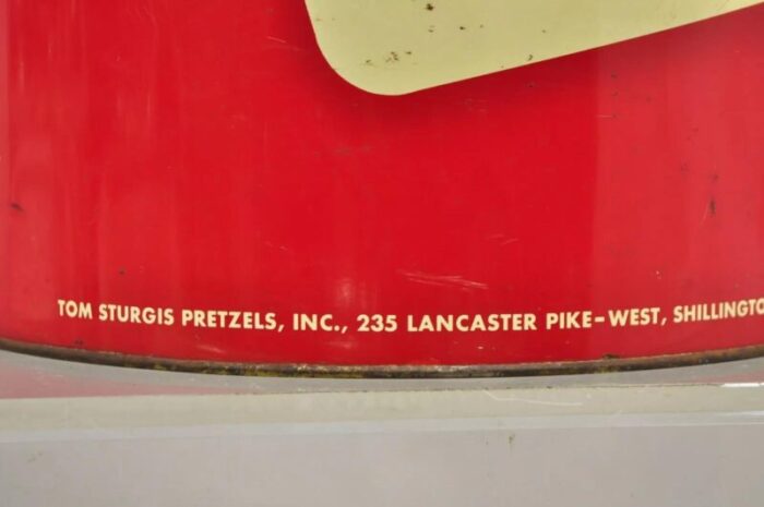 vintage tom sturgis pretzels large tin metal red advertising can 3293