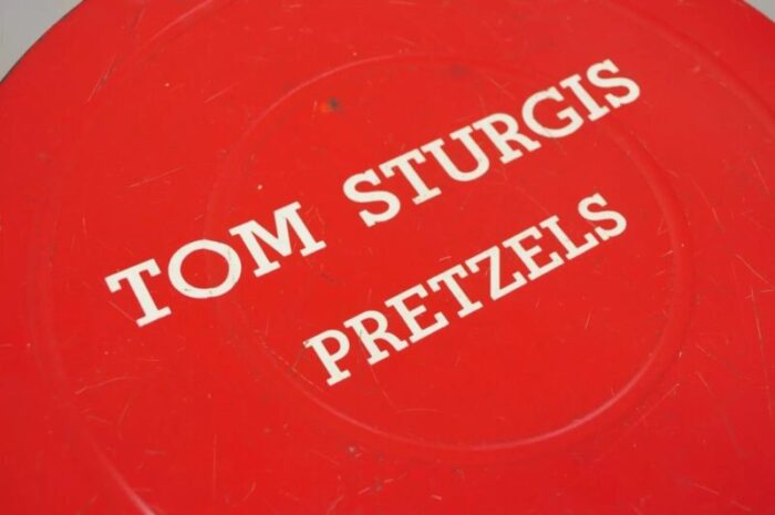 vintage tom sturgis pretzels large tin metal red advertising can 4850