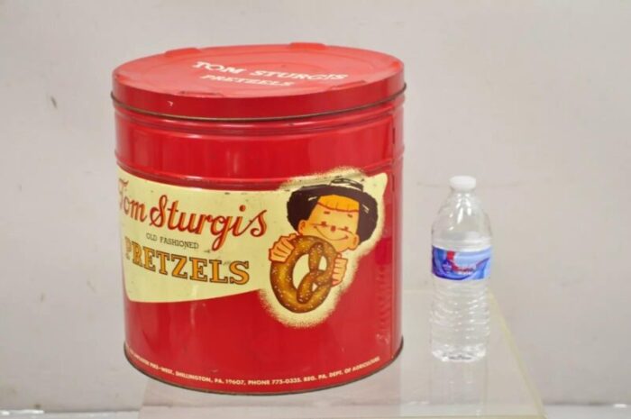 vintage tom sturgis pretzels large tin metal red advertising can 6147