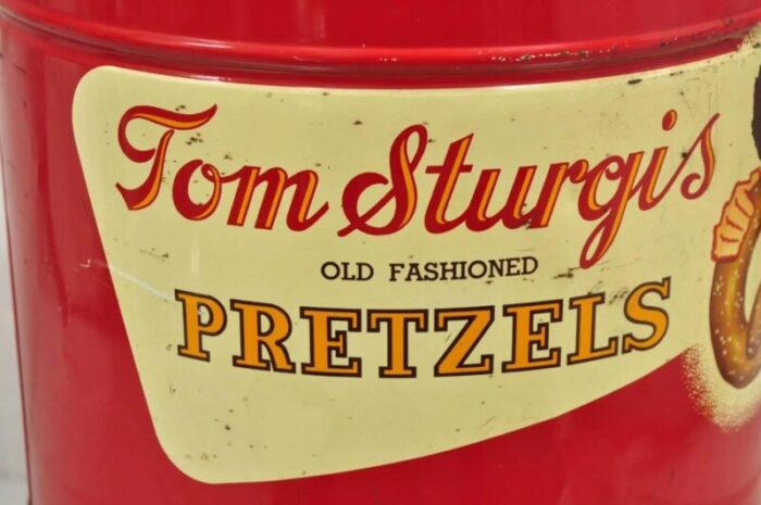 vintage tom sturgis pretzels large tin metal red advertising can 7916