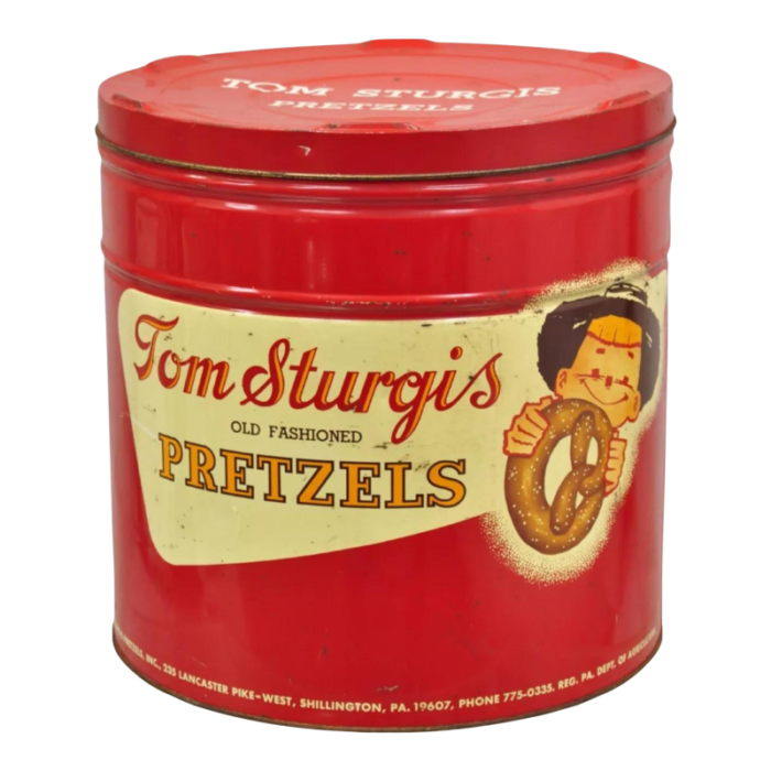 vintage tom sturgis pretzels large tin metal red advertising can 9213