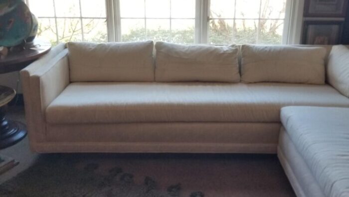 vintage two piece knoll sectional with wooden base partially upholstered 3335