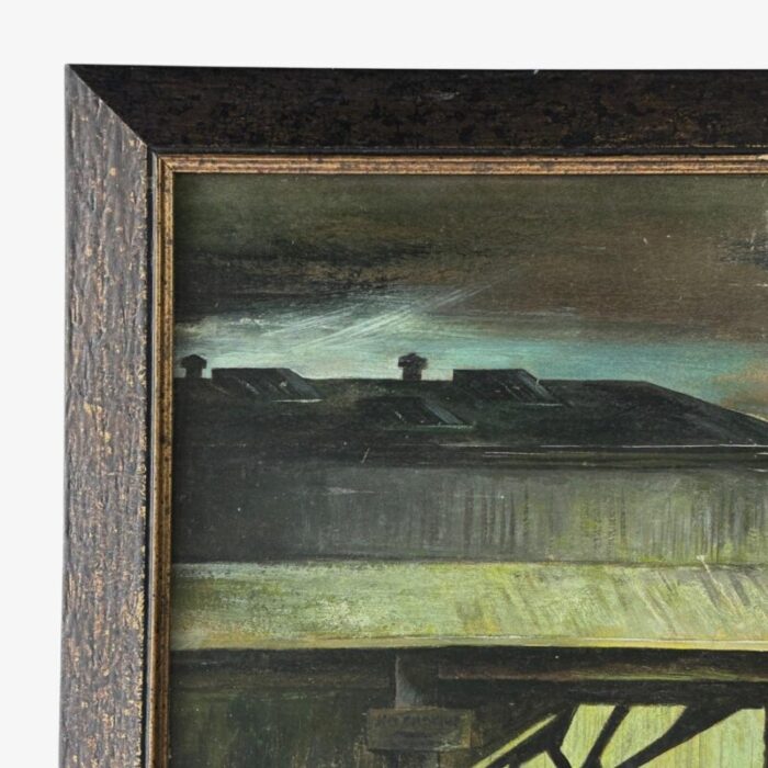 vintage wpa style nocturne industrial landscape with sleeping figure signed oil on board 0212