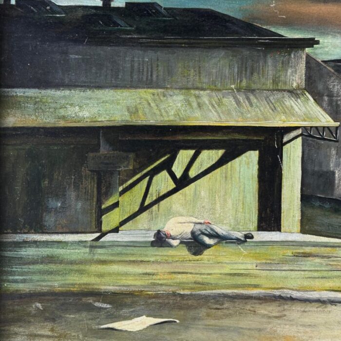 vintage wpa style nocturne industrial landscape with sleeping figure signed oil on board 2836