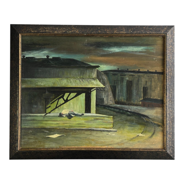 vintage wpa style nocturne industrial landscape with sleeping figure signed oil on board 4106