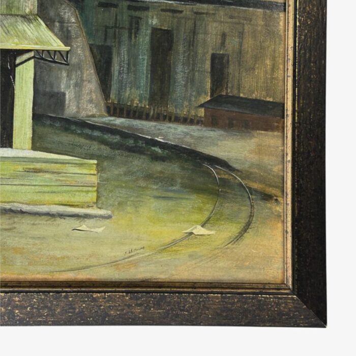 vintage wpa style nocturne industrial landscape with sleeping figure signed oil on board 6099