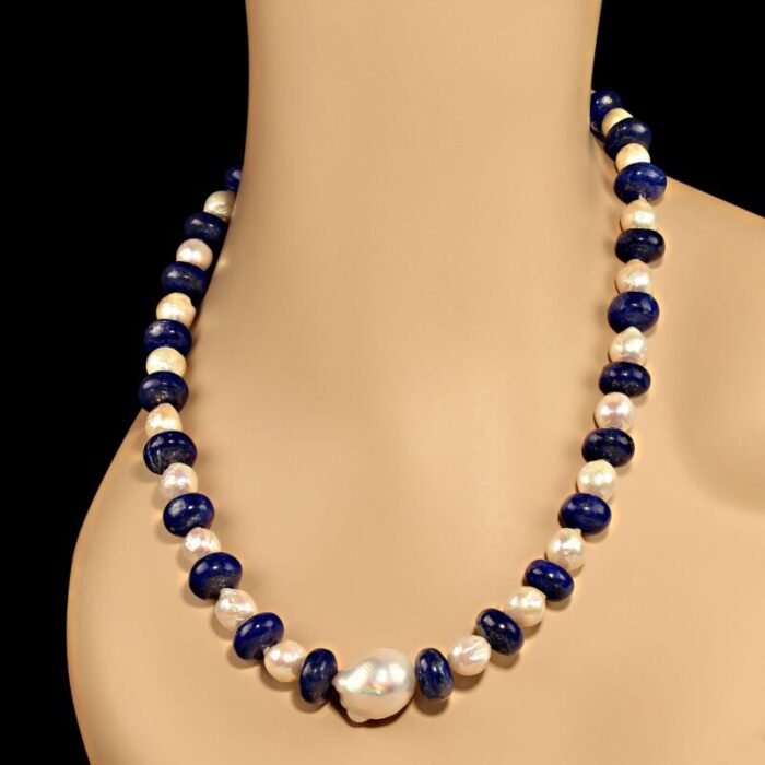 white pearl and blue lapis lazuli necklace 1330