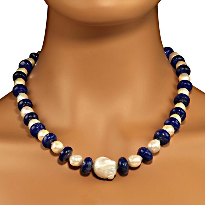 white pearl and blue lapis lazuli necklace 2752