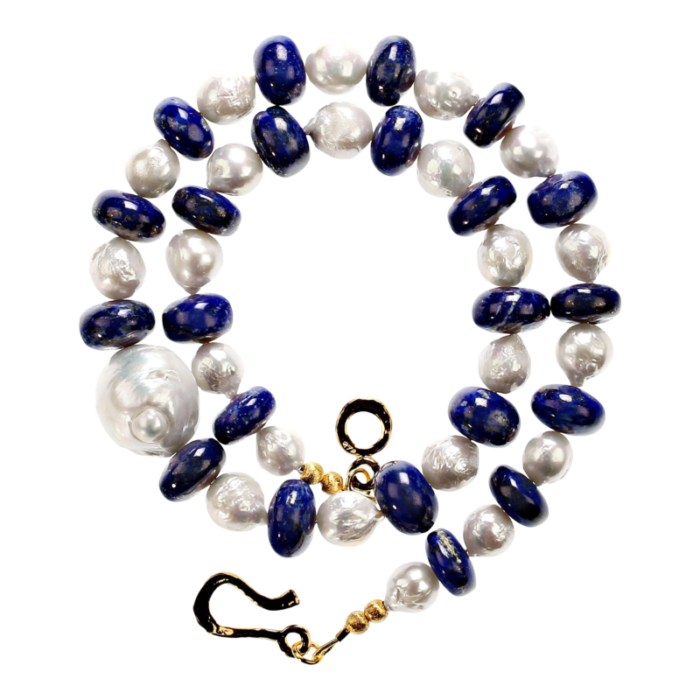 white pearl and blue lapis lazuli necklace 5799